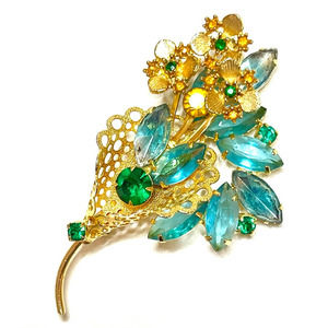 VINTAGE Brooch Blue Givre Rhinestone Vtg Flower Estate Costume Jewelry Pin AU06